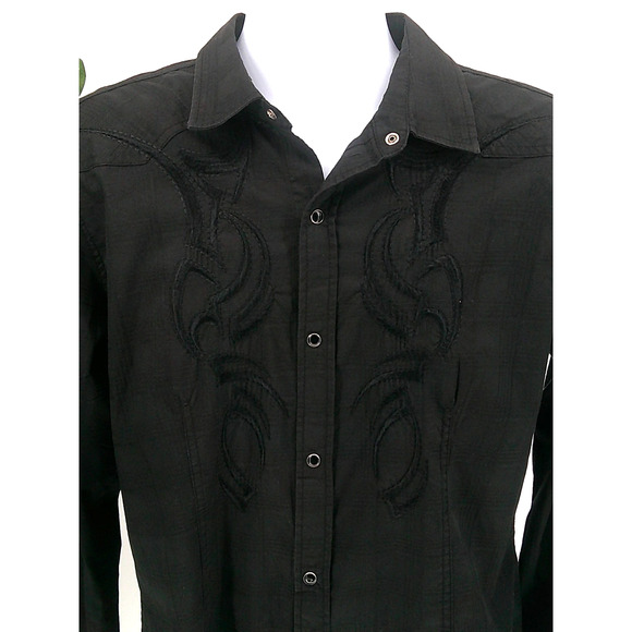 Pop Icon Clothing Men's Black Cross Embroidered Casual SnapButton Up Shirt Large - Picture 2 of 9
